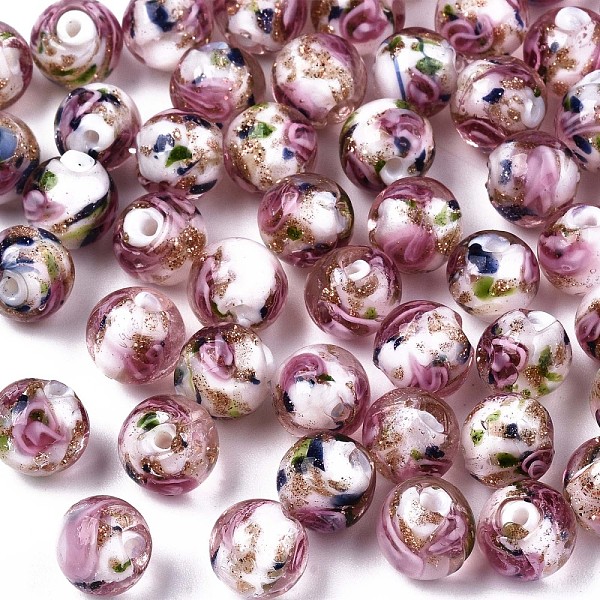 

PandaHall Handmade Gold Sand Lampwork Beads, Inner Flower, Round, Creamy White, 8x7~8mm, Hole: 1.4mm Lampwork Round