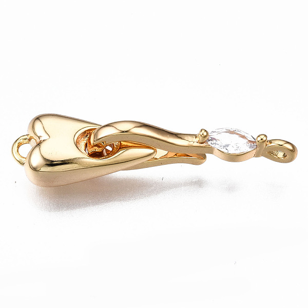 

PandaHall Brass Micro Pave Clear Cubic Zirconia Hook Clasps, Nickel Free, Heart, Real 18K Gold Plated, 29mm long, Clasps: 27x7x3mm, Hole...