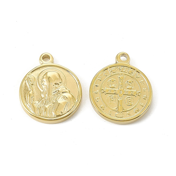 

PandaHall Vacuum Plating 201 Stainless Steel Pendants, Flat Round with Cssml Ndsmd Cross God Father/Saint Benedict Charm, Real 18K Gold...