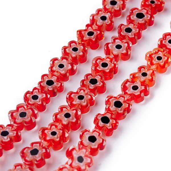 

PandaHall Handmade Millefiori Glass Bead Strands, Flower, Red, 6.4~9x3.2mm, Hole: 1mm, about 56pcs/Strand, 15.75''(40cm) Millefiori Lampwork...