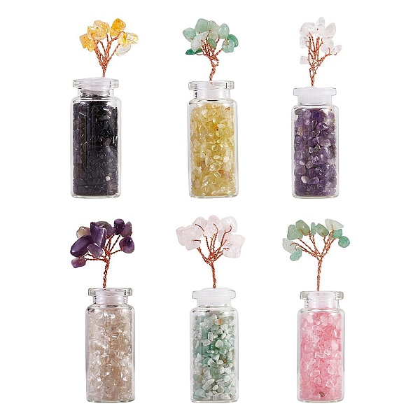 

PandaHall 6Pcs 6 Style Natural Gemstone Chip Money Tree Display Decorations, with Mini Glass Wishing Bottles, 81x26x21.5mm, 1pc/style Mixed...