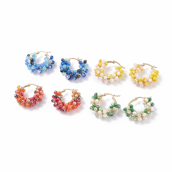 

PandaHall Glass Beaded Braided Hoop Earrings, 304 Stainless Steel Wire Wrap Jewelry for Women, Mixed Color, 29x30~31x9.5~10mm, Pin: 1mm..., Multicolor