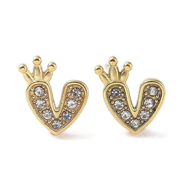 

PandaHall 304 Stainless Steel with Rhinestone Stud Earrings, Heart with Crown, Real 18K Gold Plated, 9.5x7.5mm Rhinestone Heart Clear