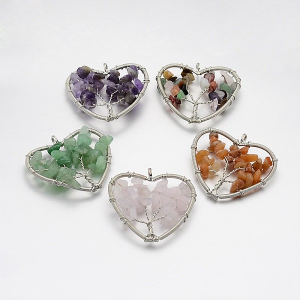 

PandaHall Brass Natural & Synthetic Mixed Stone Pendants, Heart with Tree of Life, Platinum, 46~50x48~53x10mm, Hole: 5mm Mixed Stone Heart
