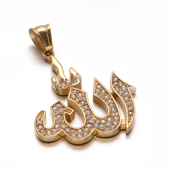 

PandaHall Allah 304 Stainless Steel Rhinestone Pendants, Arabic Pendants, Golden, 38x32x3mm, Hole: 10x7mm Stainless Steel+Rhinestone Others..., Clear
