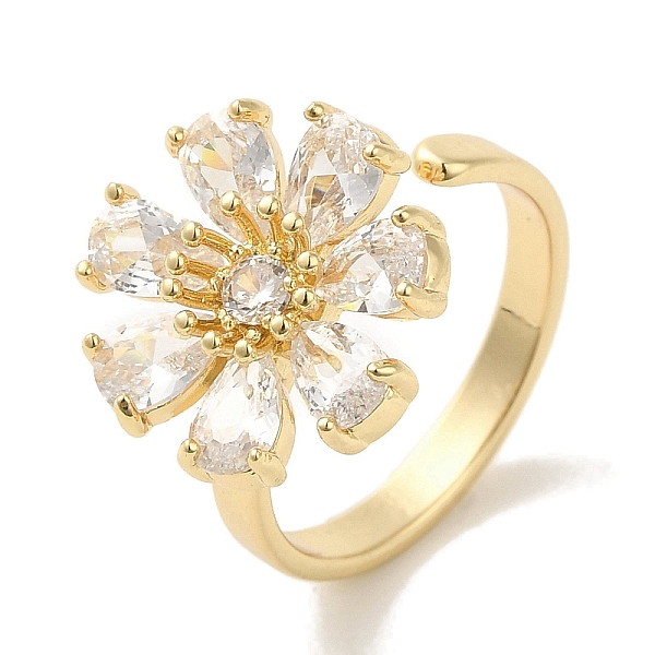 

PandaHall Brass Micro Pave Cubic Zirconia Rings for Women, Long-Lasting Plated, Flower, Golden, Adjustable Brass+Cubic Zirconia Flower Clear