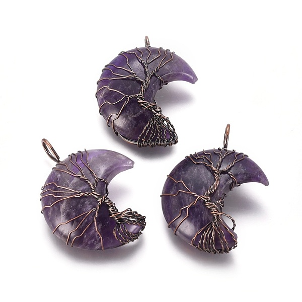 

PandaHall Natural Amethyst Tree of Life Wire Wrapped Pendants, with Brass Findings, Crescent Moon, Red Copper, 44~46x26~32x12.5mm, Hole...
