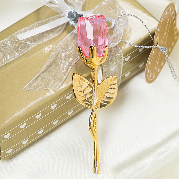 PandaHall Crystal Glass Rose with Metal Rod Flower Branch, for Wedding Gift Valentine's Day Present, Golden, Pearl Pink, 90x30x20mm Metal...