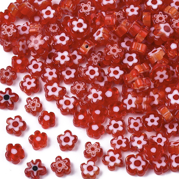 

PandaHall Glass Beads, Flower, Red, 4~6x4~6x2~3mm, Hole: 1mm Glass Flower Red