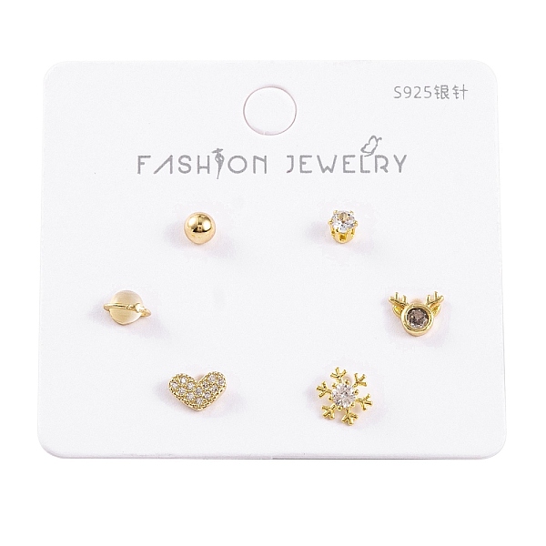 

PandaHall 6 Pcs Brass Mirco Pave Clear Cubic Zirconia Ear Studs, with 925 Sterling Silver Pins, Planet & Heart & Snowflake & Christmas deer...