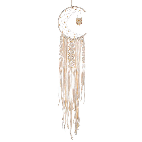 Pandahall Moon And Owl Woven Net/Web With Macrame Cotton Wall Hanging Decorations, With Wood Pendant, For Garden, Wedding, Lighting Ornament...
