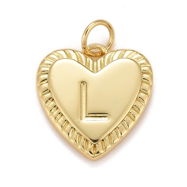 Rack Plating Real 18K Gold Plated Brass Pendants, with Jump Rings, Long-Lasting Plated, Lead Free & Cadmium Free & Nickel Free, Heart with Letter A-Z, Letter.L, 16x15x2.5mm, Jump Ring: 5x0.5mm, 3mm Inner Diameter