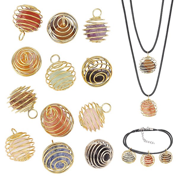 

PandaHall 12Pcs 12 Style Iron Wrap-around Spiral Bead Cage Pendants, with Gemstone Beads inside, Round, 21x24~26mm, Hole: 5mm Mixed Stone...