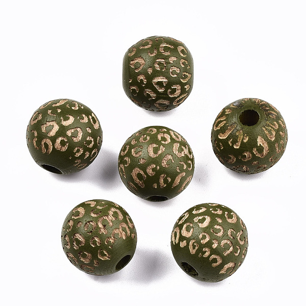 

PandaHall Painted Natural Wood Beads, Macrame Beads Large Hole, Laser Engraved Pattern, Round with Leopard Print, Dark Olive Green...