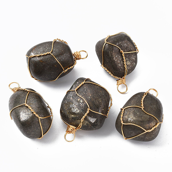 

PandaHall Natural Chalcopyrite Pendants, with Golden Plated Brass Wire Wrapped, Nuggets, 14~25x15~32x13~21mm, Hole: 4mm Chalcopyrite Nuggets