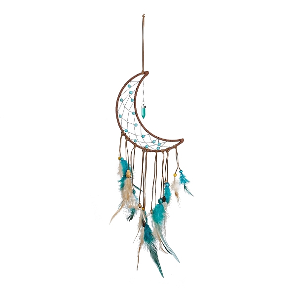 

PandaHall Handmade Leather Woven Net/Web with Feather Wall Hanging Decoration, with Iron Rings, Wooden Beads & Synthetic Turquoise, for Home...