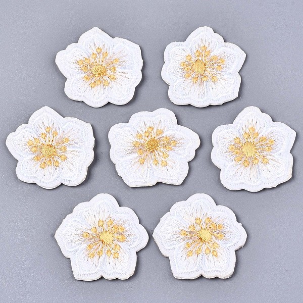 PandaHall Computerized Embroidery Non Woven Fabric Self-adhesive Patches, with Polyester Thread Costume Accessories, Flower, White...