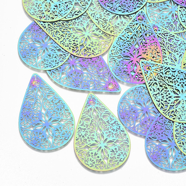 

PandaHall Ion Plating(IP) 201 Stainless Steel Filigree Joiners Links, Etched Metal Embellishments, Teardrop, Rainbow Color, 52.5x34x0.3mm...