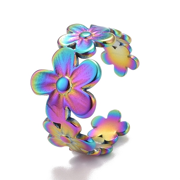 Rainbow Color Ion Plating(IP) 304 Stainless Steel Flower Wrap Open Cuff Ring For Women