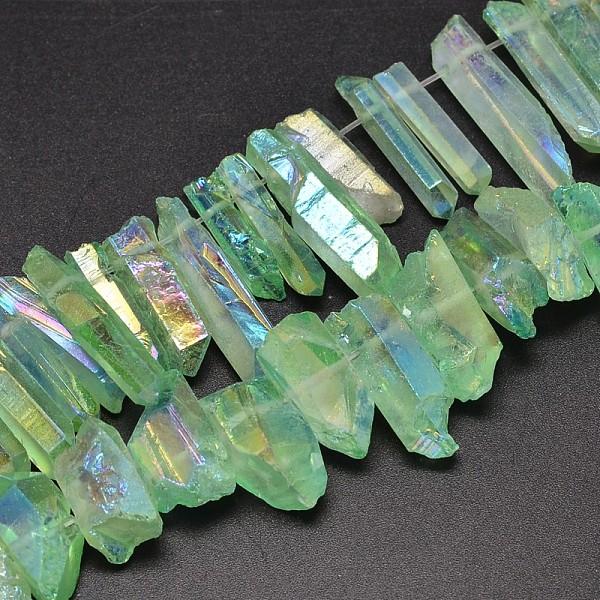 

PandaHall Electroplated Natural Quartz Crystal Beads Strands, Nuggets, Tusk Shape, AB Color, Dyed, Light Green, 7~15x18~60mm, Hole: 1mm...