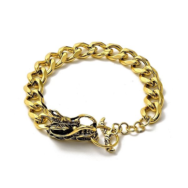 

PandaHall Men's Alloy Curb Chain Bracelet with Dragon Head Clasp, Punk Metal Jewelry, Antique Golden, 8-7/8 inch(22.5cm) Alloy