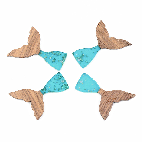 PandaHall Transparent Resin & Walnut Wood Pendants, with Foil, Mermaid Fishtail Shape, Dark Turquoise, 39x28x3mm, Hole: 2mm Resin+Wood Fish...
