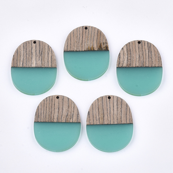 

PandaHall Resin & Wenge Wood Pendants, Oval, Medium Turquoise, 44.5x34.5~35.5x3~4mm, Hole: 2mm Resin+Wood Oval Cyan