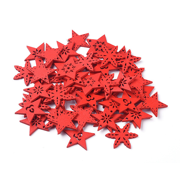 PandaHall Natural Poplar Wood Pendants, Spray Painted, for Christmas, Star, Red, 26.5~30x30~31x2.5mm, Hole: 2mm Wood Star Red
