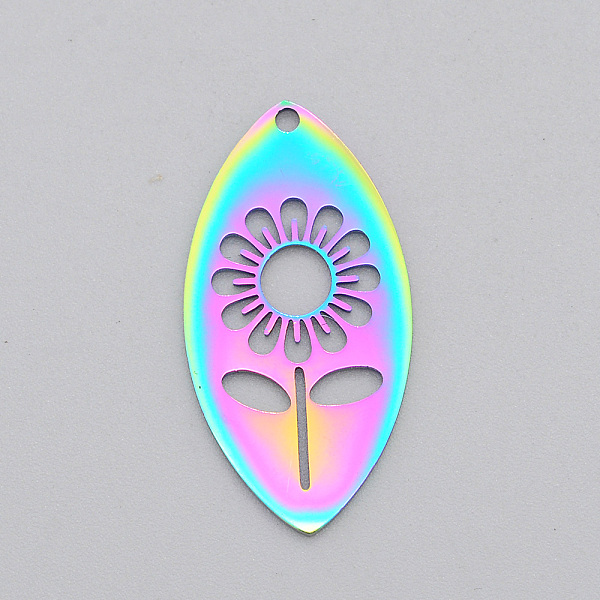 

PandaHall Ion Plating(IP) 201 Stainless Steel Pendants, Laser Cut, Hollow, Horse Eye with Flower, Rainbow Color, 30.5x15.5x1mm, Hole: 1.6mm...