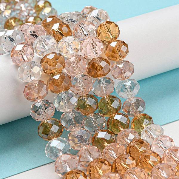 PandaHall Glass Beads Strands, Faceted, Rondelle, Pearl Pink, 10x8mm, Hole: 1mm, about 63~65pcs/strand, 19.2~20 inch(48~50cm) Glass Rondelle