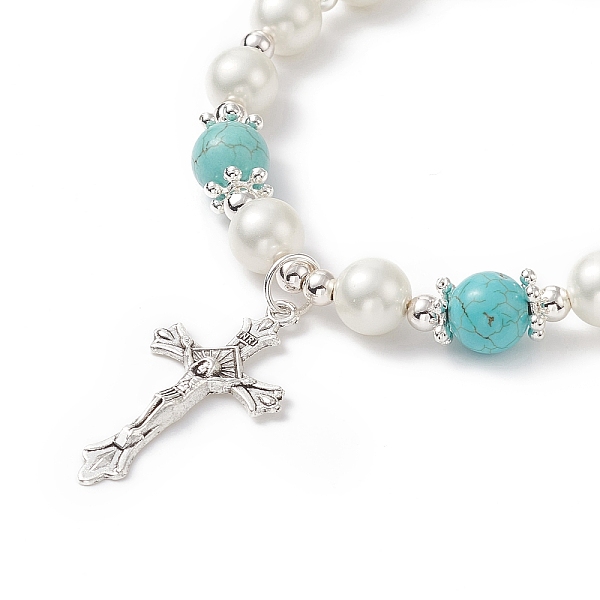 

PandaHall Alloy Cross Charm Bracelet, Natural Shell Pearl & Synthetic Green Turquoise(Dyed) Beaded Religion Bracelet for Women, Antique...