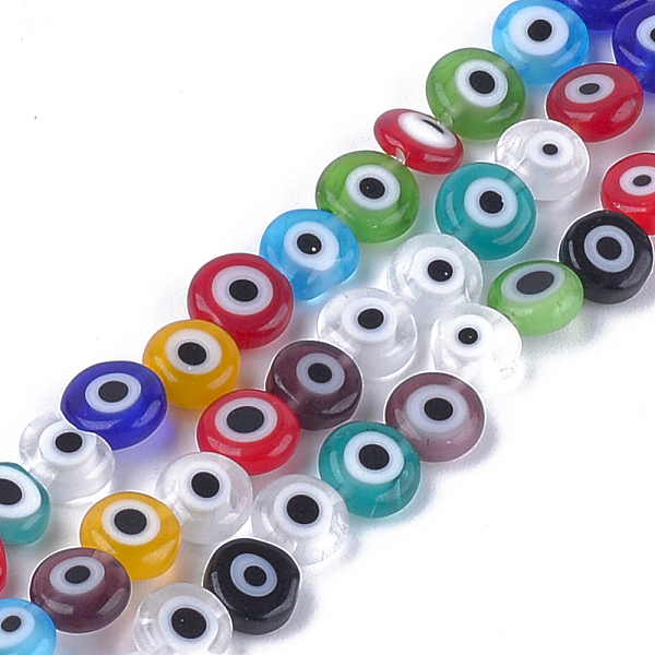 

PandaHall Handmade Evil Eye Lampwork Beads Strands, Flat Round, Mixed Color, 6x2.5mm, Hole: 1mm, about 64~65pcs/strand, 14.1 inch~14.5 inch..., Multicolor