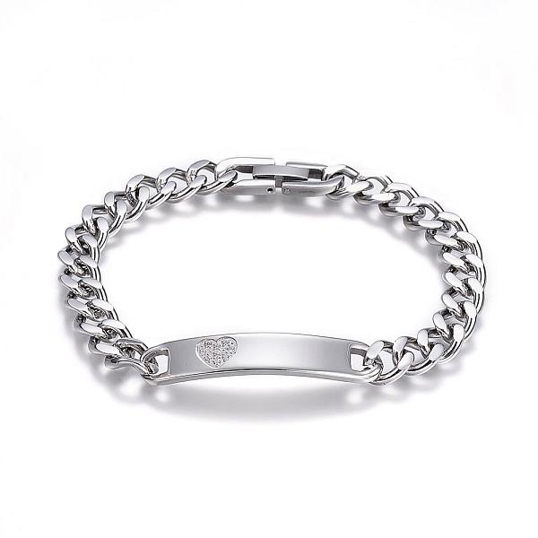 

PandaHall 304 Stainless Steel ID Bracelets, with Curb Chain and Cubic Zirconia, Stainless Steel Color, 7-7/8 inch(200mm)x8x3mm Cubic...