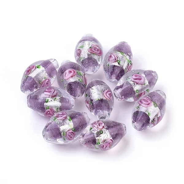 

PandaHall Handmade Silver Foil Glass Lampwork Beads, Oval with Flower, Medium Purple, 16~17x9~11mm, Hole: 1.5~2mm Silver Foil Oval Purple