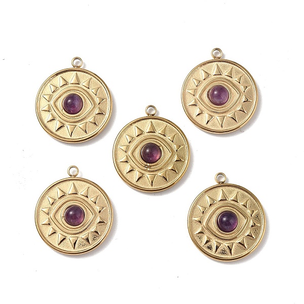 

PandaHall Vacuum Plating 201 Stainless Steel Natural Amethyst Pendants, Real 18K Gold Plated, Flat Round with Eye Charms, 18.5x16x4mm, Hole...
