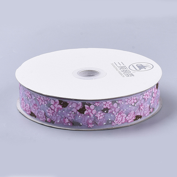 

PandaHall Flower Pattern Printed Polyester Organza Ribbons, Lavender, 1 inch(25mm), about 100yards/roll Polyester Flower Purple