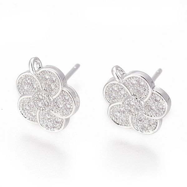 

PandaHall Brass Stud Earring Findings, with Cubic Zirconia and Loop, Flower, Clear, Platinum, 11x9.5mm, Hole: 1mm, Pin: 0.8mm Brass+Cubic...