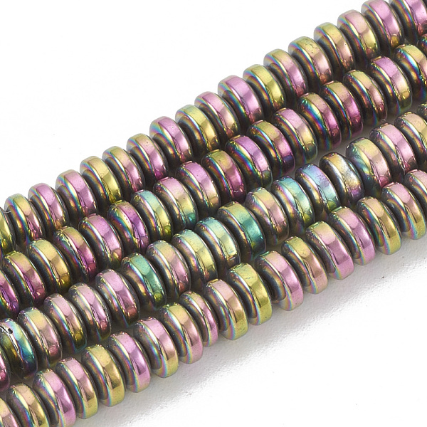 PandaHall Electroplate Non-magnetic Synthetic Hematite Beads Strands, Heishi Beads, Flat Round/Disc, Rainbow Plated, 4x2mm, Hole: 1mm, about...