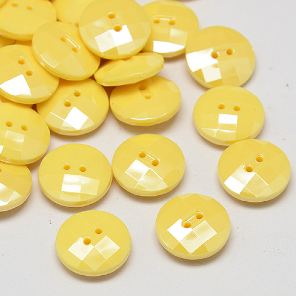 PandaHall Taiwan Acrylic Buttons, Pearl Luster, Faceted, 2-Hole, Flat Round, Lemon Chiffon, 10x4mm, Hole: 1mm Acrylic Flat Round Yellow