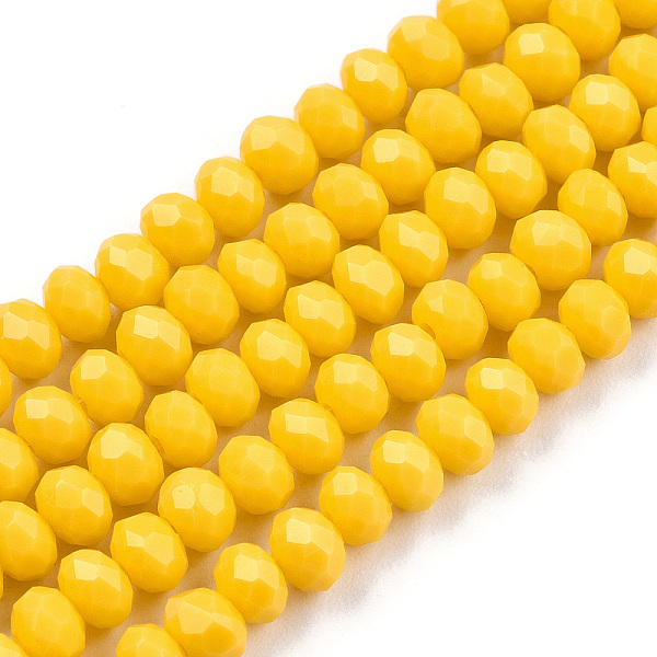 

PandaHall Opaque Solid Color Glass Beads Strands, Faceted, Rondelle, Gold, 4x3mm, Hole: 0.4mm, about 113~115pcs/strand, 41~42cm Glass...