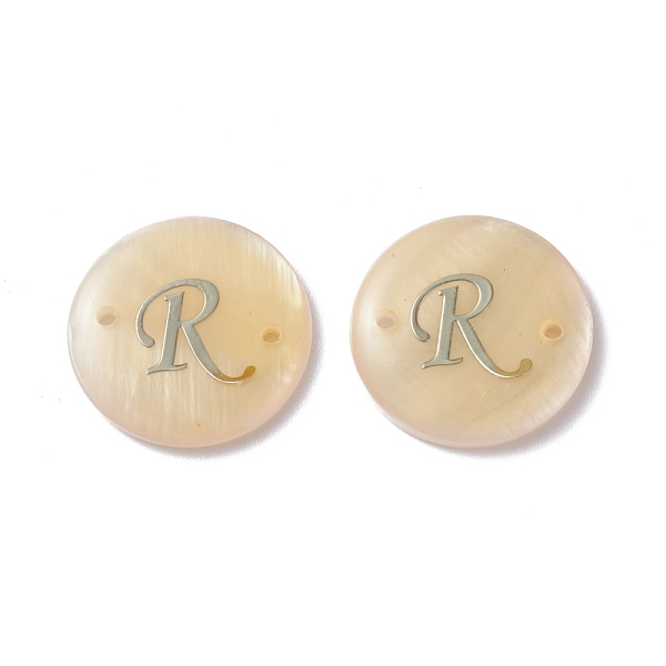 

PandaHall (Defective Closeout Sale: Yellowing), Freshwater Shell Links Connectors, with Platinum Brass Findings, Flat Round with Letter..., Orange