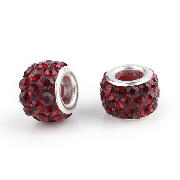 

PandaHall Polymer Clay Rhinestone European Beads, Large Hole Beads, Rondelle, with Silver Color Plated Brass Cores, Siam, 10~12x7~8mm, Hole..., Red