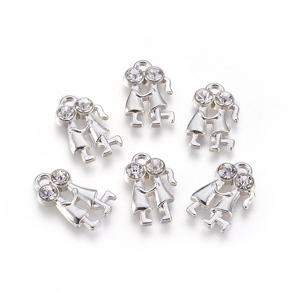 PandaHall Valentine Day Special Gift Ideas Alloy Pendants, Cadmium Free & Lead Free, with Rhinestone, Couple, Platinum Color, about 11mm...