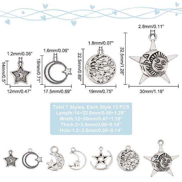 

PandaHall 84Pcs 7 Style Tibetan Style Alloy Pendants, Moon with Star & Flat Round with Moon & Star, Antique Silver, 14~32.5x12~30x2~3.5mm...