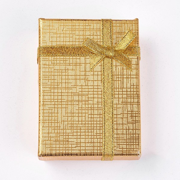 

PandaHall Cardboard Necklace Boxes, with Ribbon Bowknot and Sponge inside, Rectangle, Gold, 7x5x2.5cm Paper Rectangle Gold