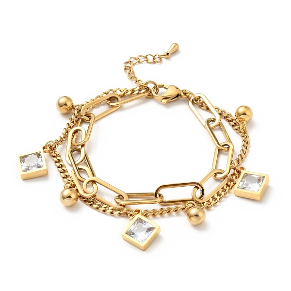 

PandaHall Clear Cubic Zirconia Rhombus and Round Ball Charm Multi-strand Bracelet, Vacuum Plating 304 Stainless Steel Double Layered Chains...