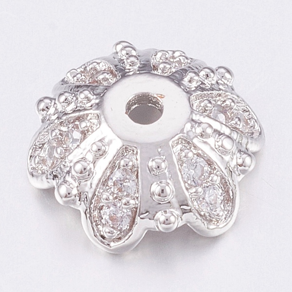 

PandaHall Brass Micro Pave Cubic Zirconia Bead Caps, 6-Petal, Clear, Platinum, 11x4mm, Hole: 1.2mm Brass+Cubic Zirconia Clear