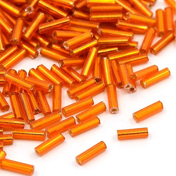

PandaHall Glass Bugle Beads, Silver Lined, Orange Red, 6~8x1.8mm, Hole: 0.6mm, 10000pcs/pound Glass Red