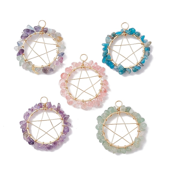 

PandaHall Mixed Gemstone Chips Copper Wire Wrapped Pendants, Pentagram Charms, Golden, 36~37x32~34x5~8mm, Hole: 4mm Mixed Stone Star