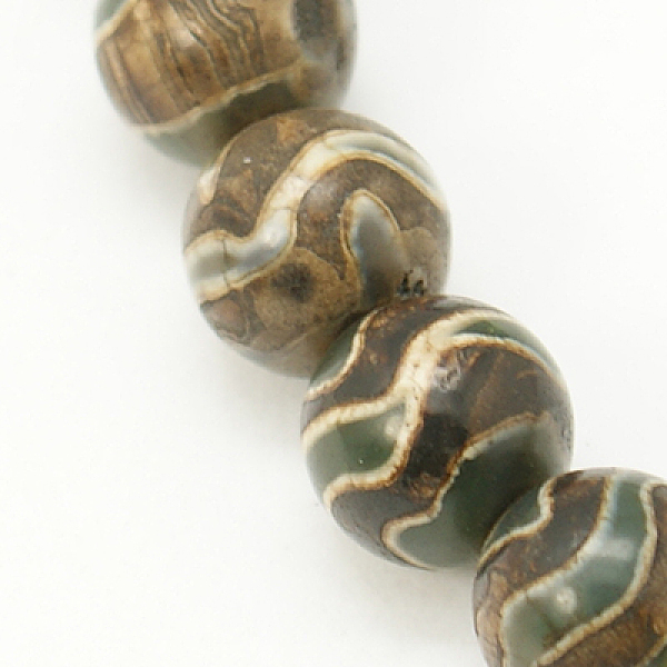 PandaHall Tibetan Style Wave Pattern dZi Beads, Natural Agate, Dyed, Round, Coffee, 8mm, Hole: 1mm, 47pcs/strand Tibetan Agate Round Brown